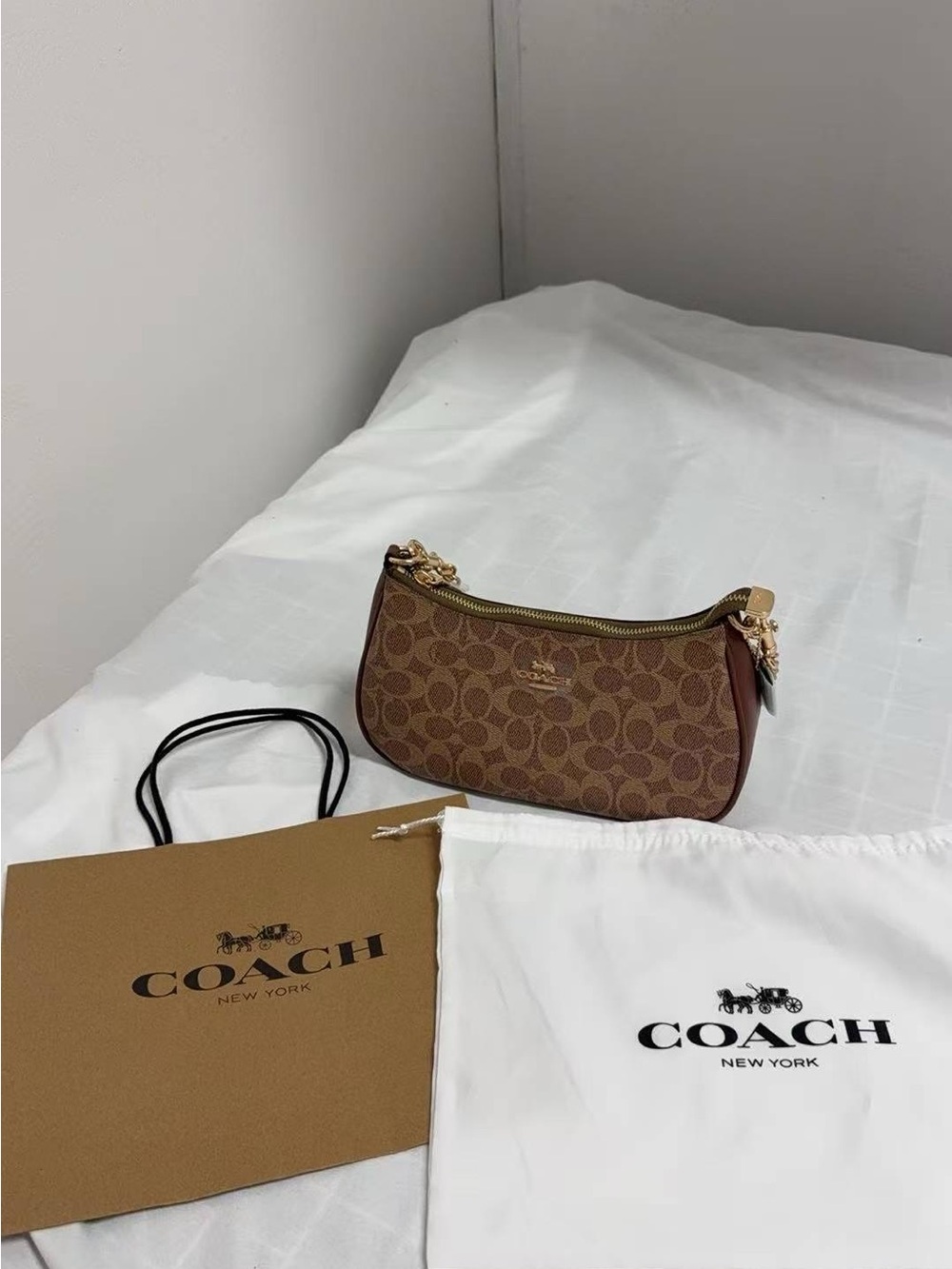 Coach Brown Signature Canvas Mini Shoulder Bag with Gold Hardware
